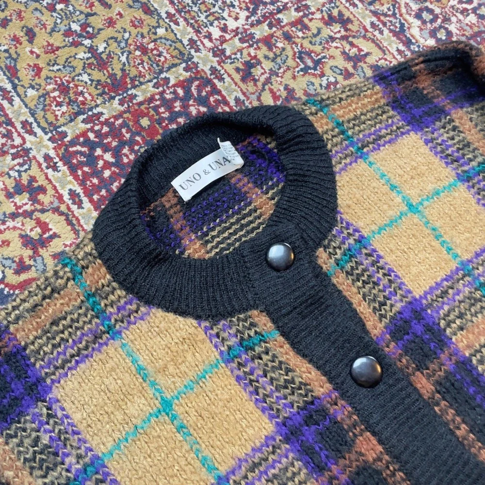 VTG 80s 90s Uno & Una Plaid Chunky Knit Cardigan‎ Sweater Purple Black Medium